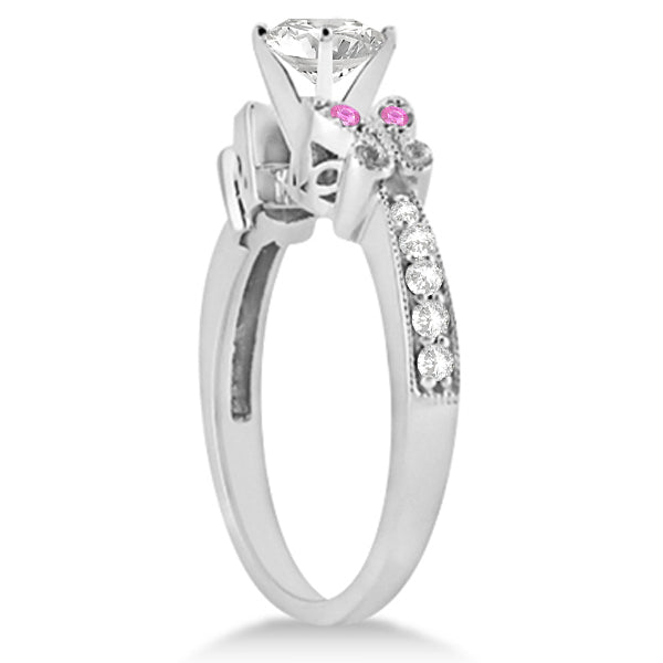 Round Diamond & Pink Sapphire Butterfly Bridal Set in 14k W Gold 0.96ct