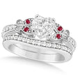 Heart Diamond & Ruby Butterfly Bridal Set in 14k White Gold (0.71ct)