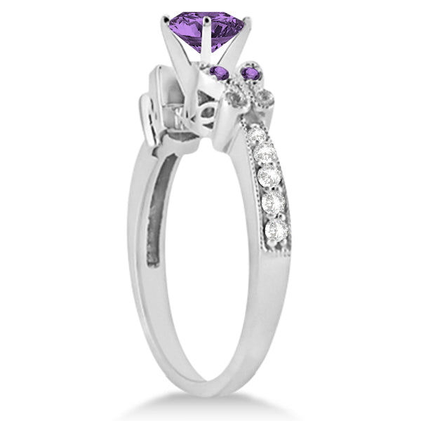 Butterfly Amethyst & Diamond Engagement Ring 14K White Gold 0.88ctw