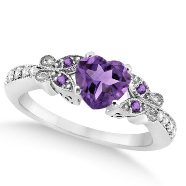 Butterfly Amethyst & Diamond Heart Engagement Ring 14K W Gold 1.28ct