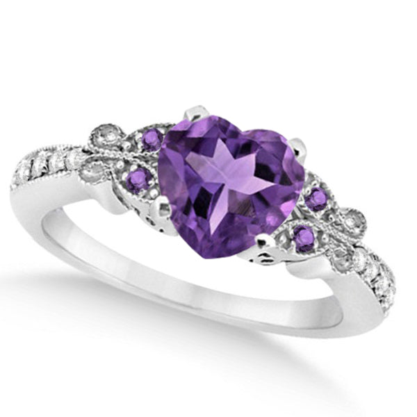Butterfly Amethyst & Diamond Heart Engagement Ring 14K W Gold 1.73ct