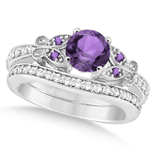 Butterfly Amethyst & Diamond Bridal Set 14k White Gold 1.50ctw