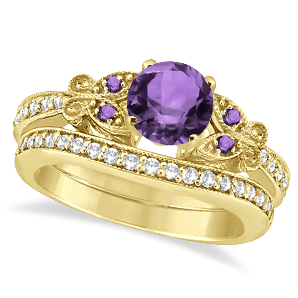 Butterfly Amethyst & Diamond Bridal Set 18K Yellow Gold 1.50ctw