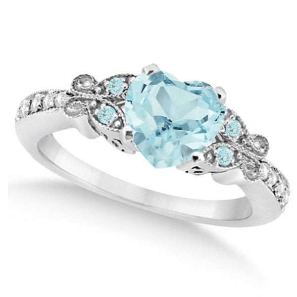 Butterfly Aquamarine & Diamond Heart Engagement 14K White Gold 1.73ct