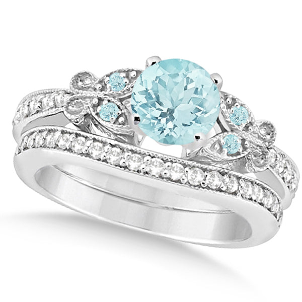 Preset Butterfly Aquamarine & Diamond Bridal Set 14k White Gold (2.05ct)