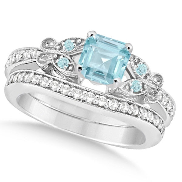 Butterfly Aquamarine & Diamond Princess Bridal Set 14k W. Gold 1.55ct