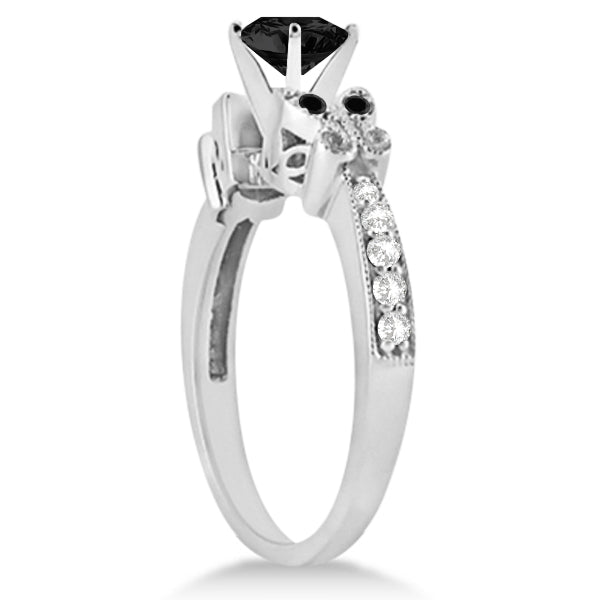 Butterfly Black and White Diamond Bridal Set 14k White Gold 1.14ct