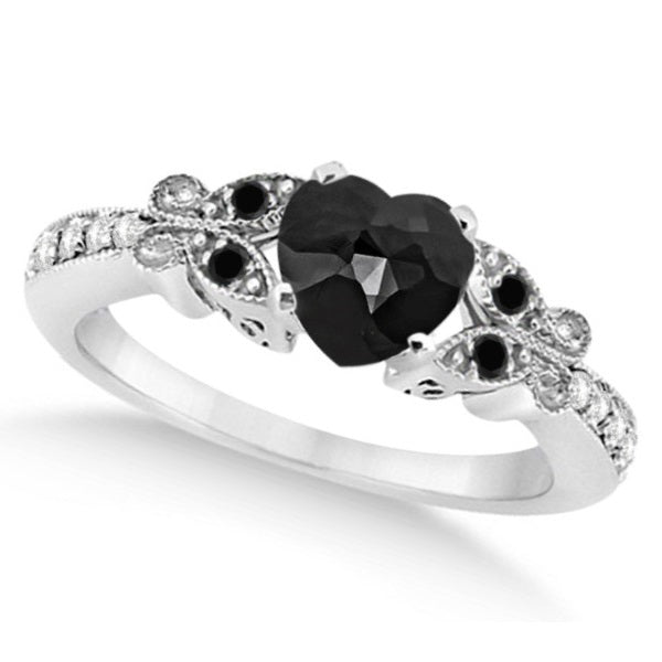 Butterfly Black and White Diamond Heart Bridal Set 14k W Gold 1.49ct