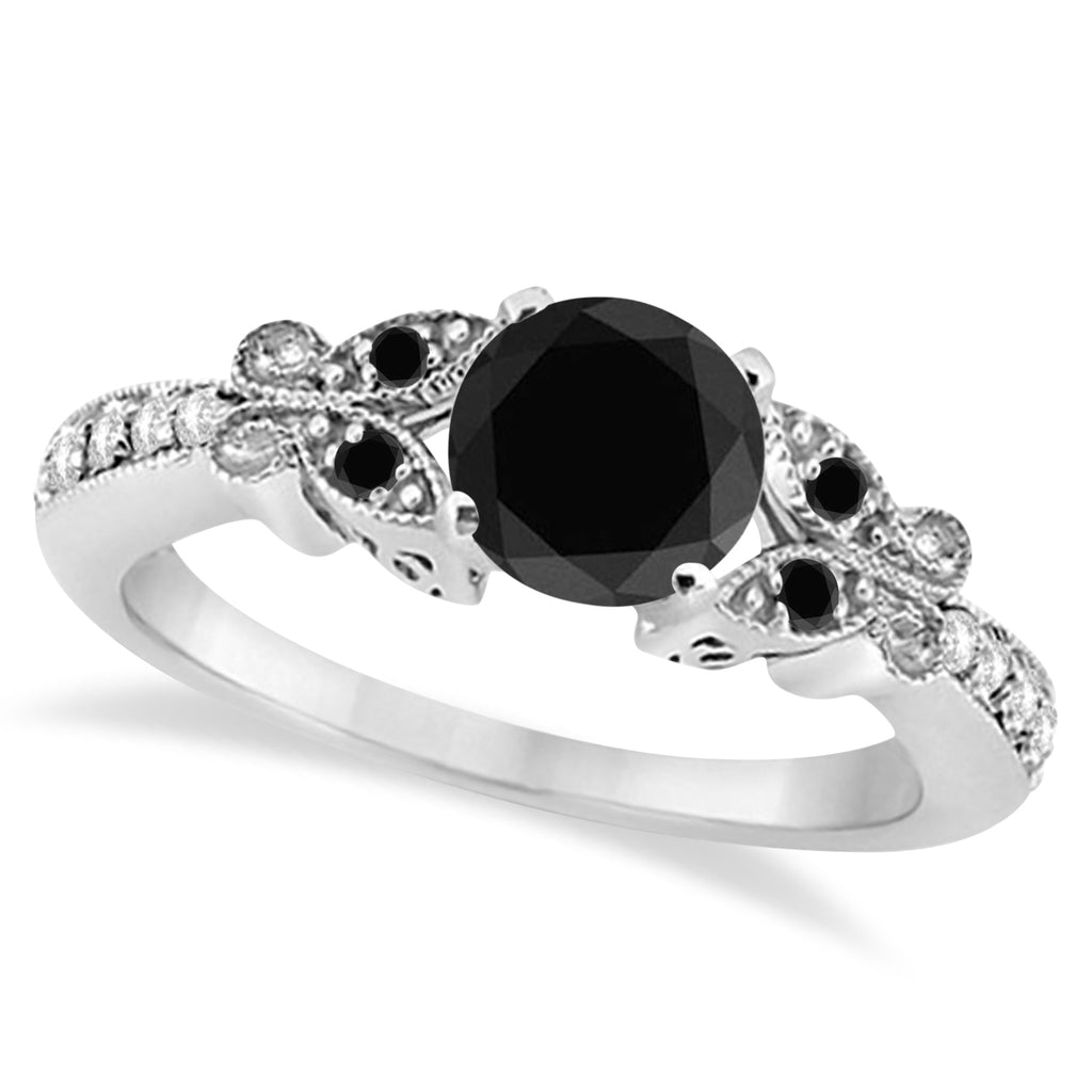 Butterfly Black and White Diamond Engagement Ring 18K White Gold (1.42ct)