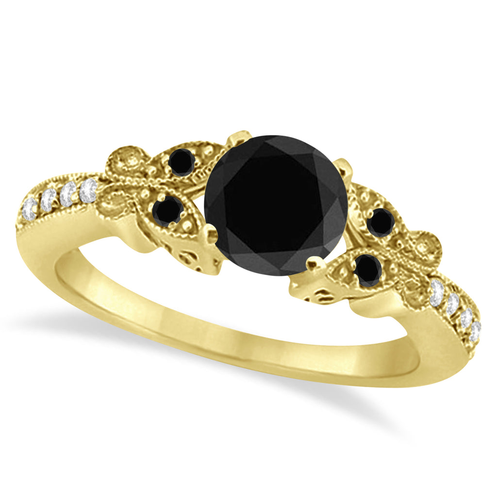 Butterfly Black and White Diamond Engagement Ring 18K Yellow Gold (1.42ct)