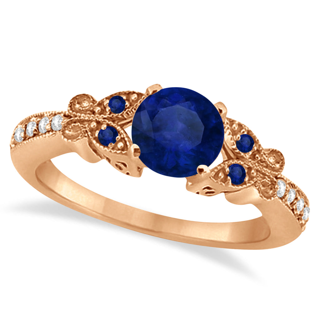 Butterfly Blue Sapphire & Diamond Engagement Ring 18K Rose Gold 1.28ct