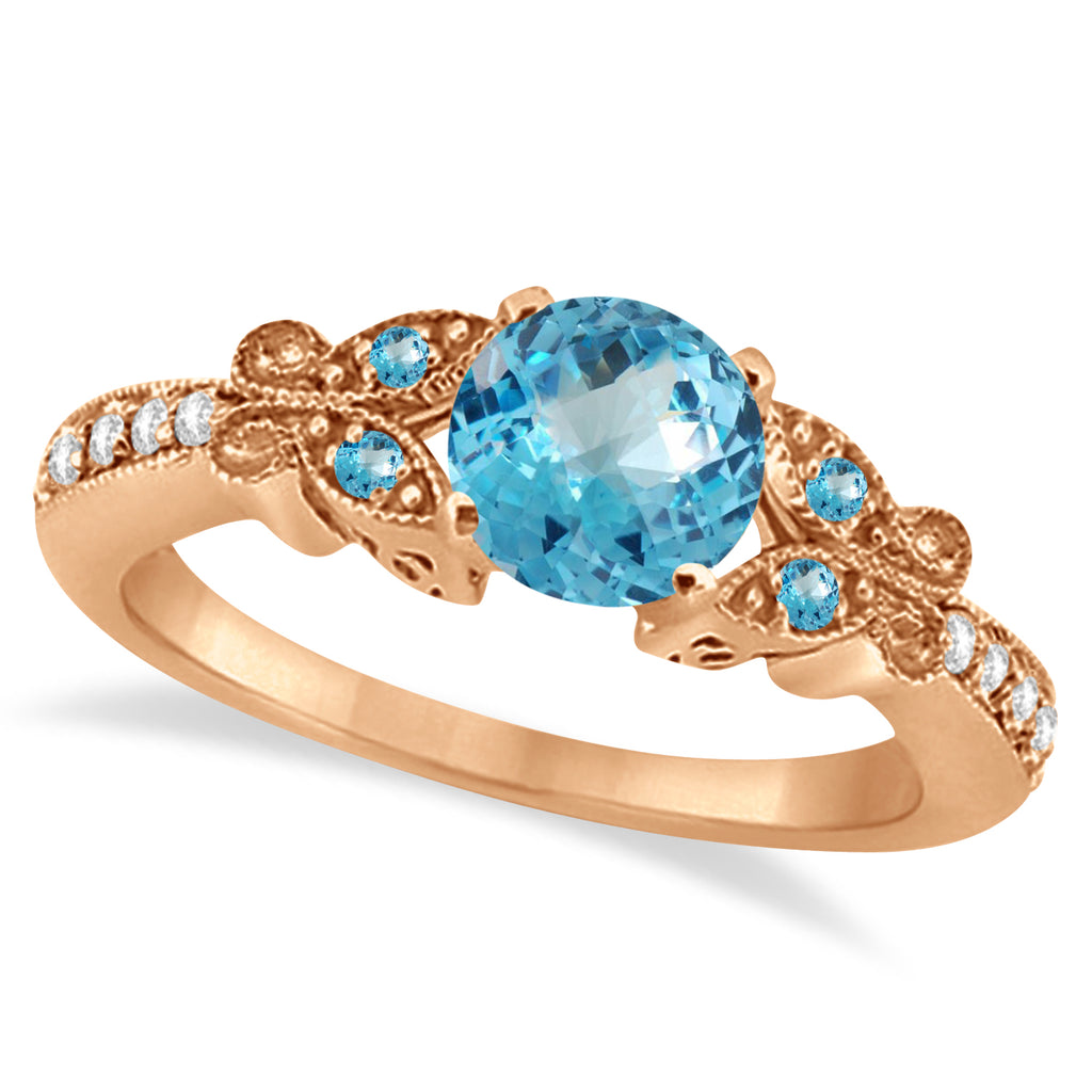 Butterfly Blue Topaz & Diamond Engagement Ring 18K Rose Gold 0.88ct