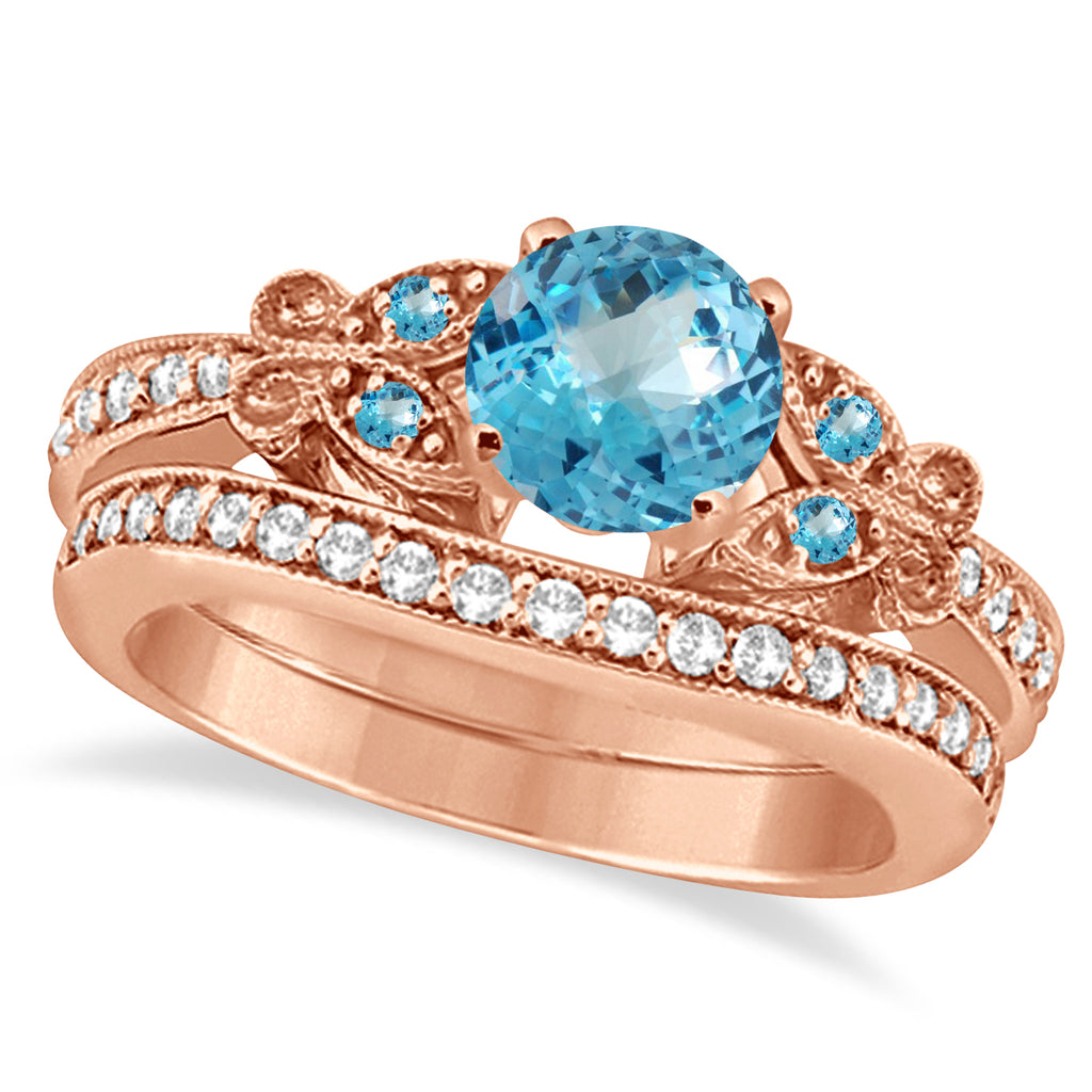 Butterfly Blue Topaz & Diamond Bridal Set 14k Rose Gold (2.00ct)