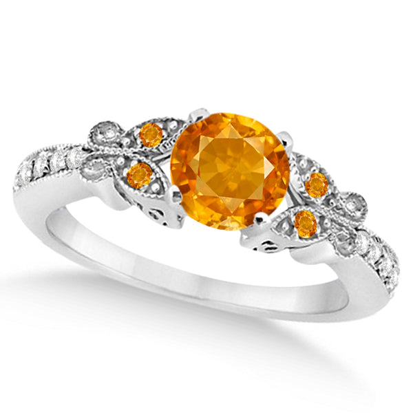 Butterfly Genuine Citrine & Diamond Engagement Ring 14k W. Gold (1.53ct)