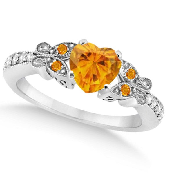 Butterfly Genuine Citrine & Diamond Heart Engagement 14K W Gold 1.33ct