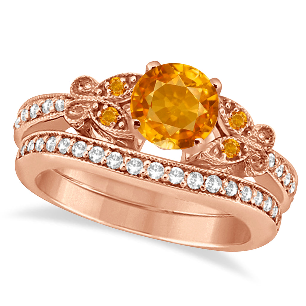 Butterfly Genuine Citrine & Diamond Bridal Set 18K Rose Gold 1.50ct