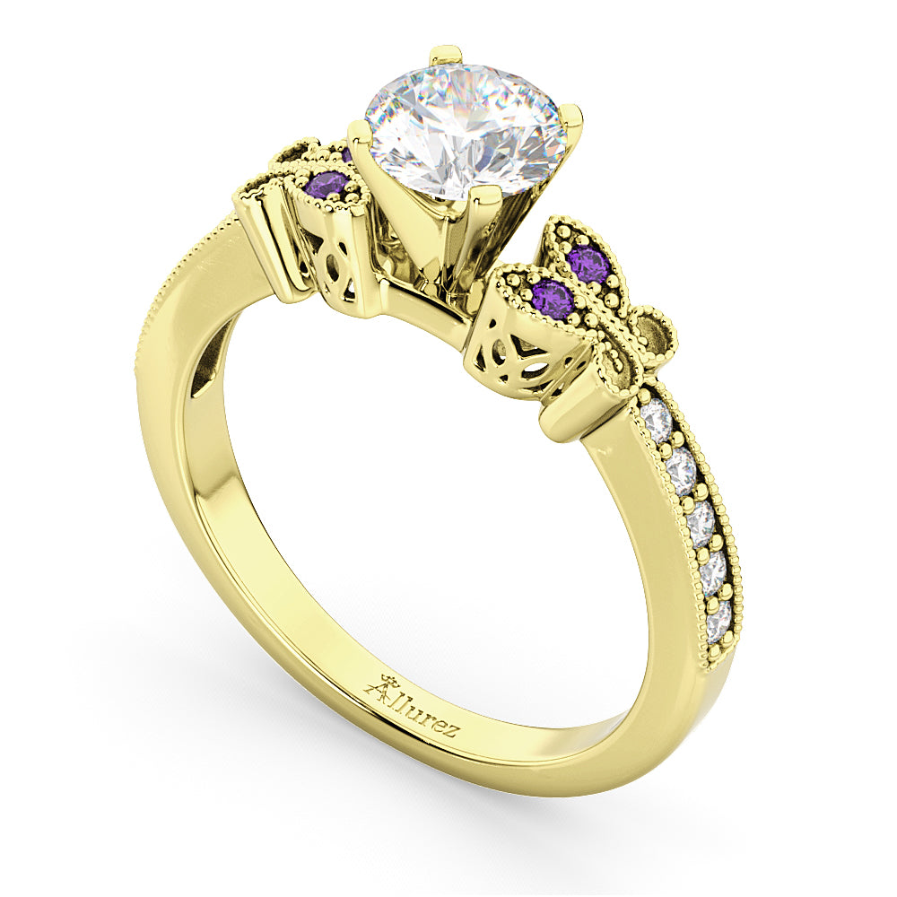Butterfly Diamond & Amethyst Engagement Ring 14k Yellow Gold (0.20ct)
