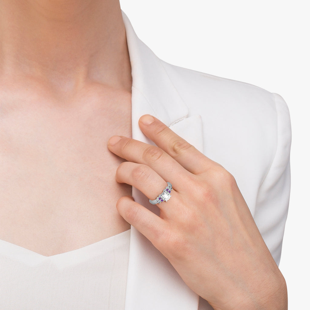 Butterfly Diamond & Amethyst Engagement Ring 18k White Gold (0.20ct)