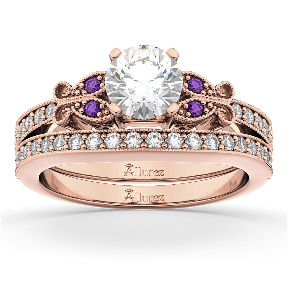 Butterfly Diamond & Amethyst Bridal Set 14k Rose Gold (0.42ct)