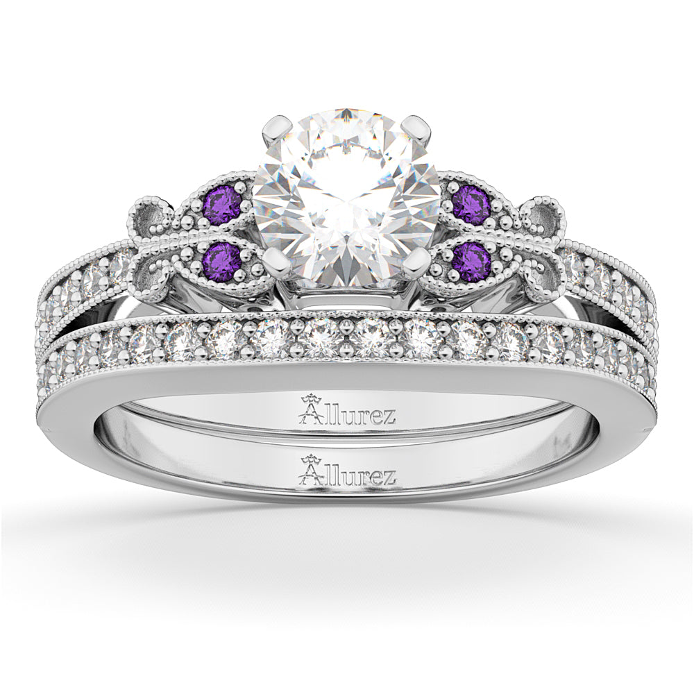 Butterfly Diamond & Amethyst Bridal Set 18k White Gold (0.42ct)