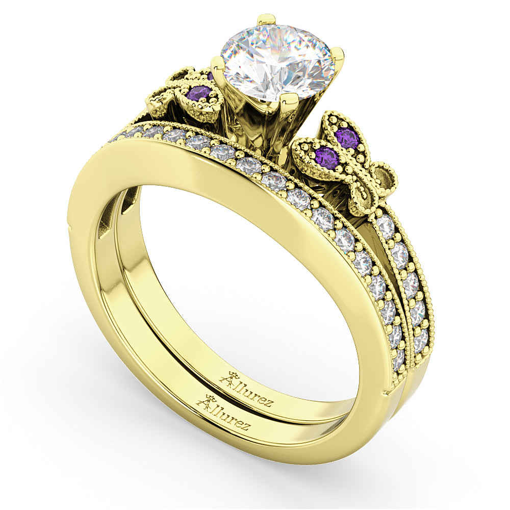 Butterfly Diamond & Amethyst Bridal Set 18k Yellow Gold (0.42ct)