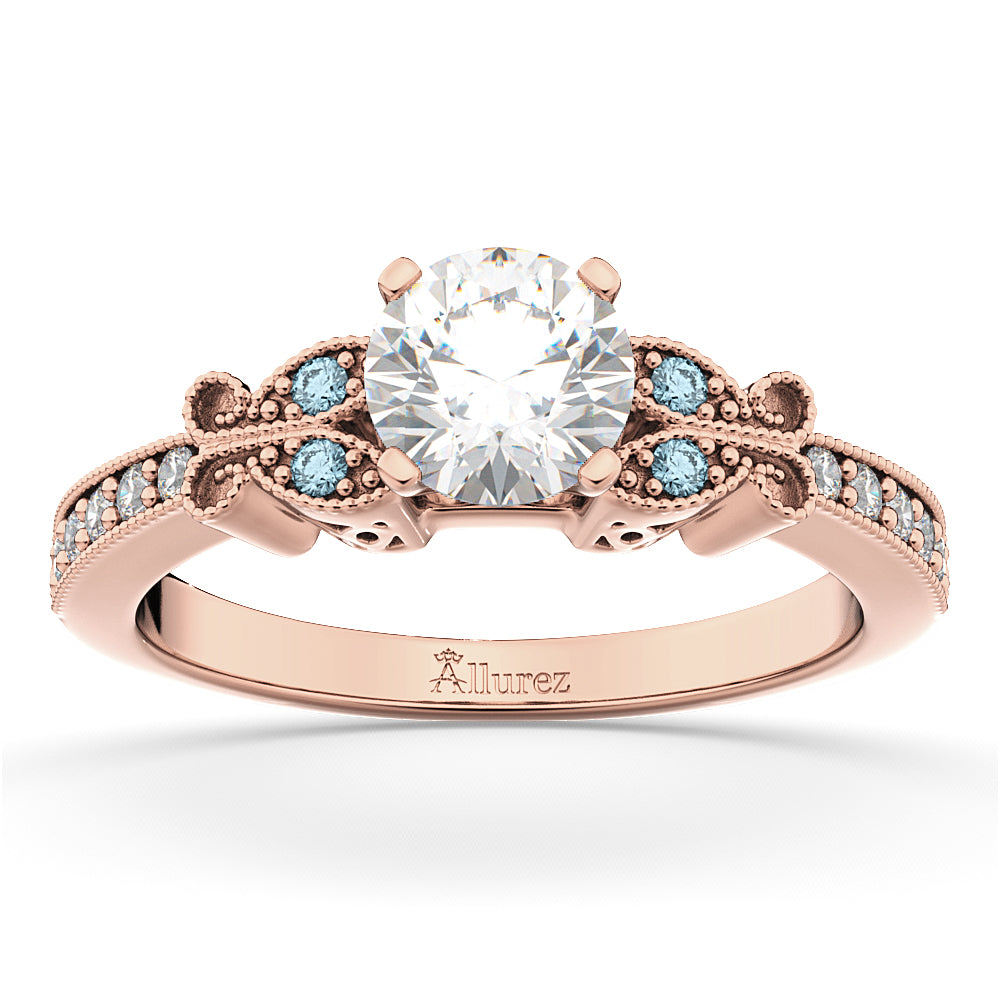 Butterfly Diamond & Aquamarine Engagement Ring 14k Rose Gold (0.20ct)