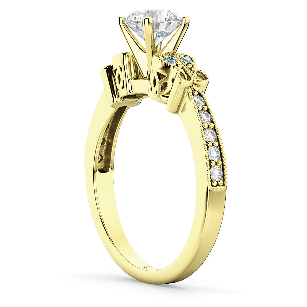 Butterfly Diamond & Aquamarine Engagement Ring 18k Yellow Gold (0.20ct)