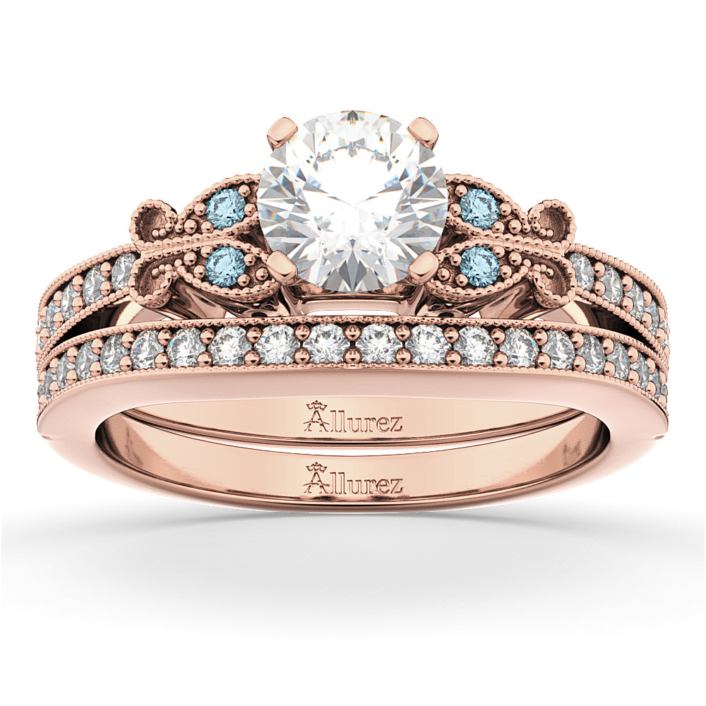 Butterfly Diamond & Aquamarine Bridal Set 14k Rose Gold (0.42ct)