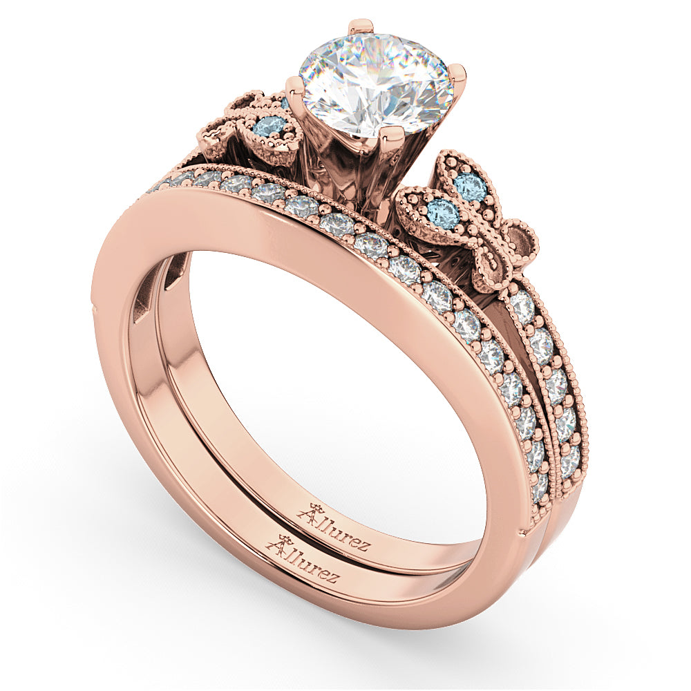 Butterfly Diamond & Aquamarine Bridal Set 14k Rose Gold (0.42ct)