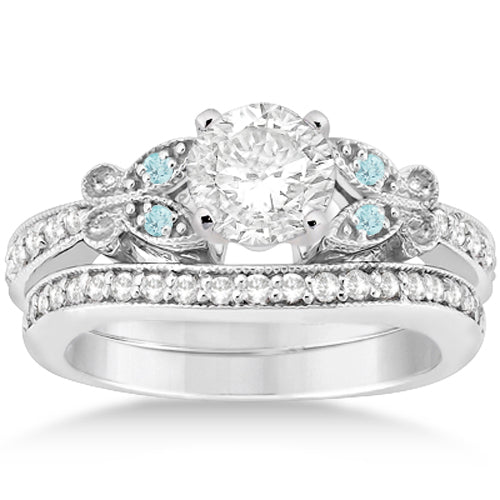 Butterfly Diamond & Aquamarine Bridal Set 14k White Gold (0.42ct)