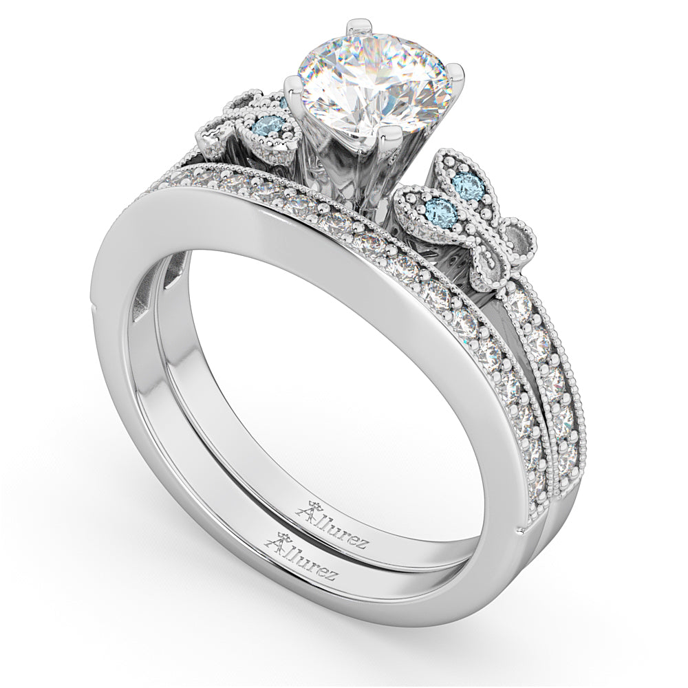 Butterfly Diamond & Aquamarine Bridal Set 14k White Gold (0.42ct)