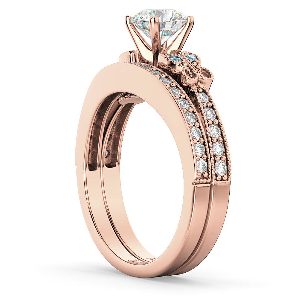 Butterfly Diamond & Aquamarine Bridal Set 18k Rose Gold (0.42ct)