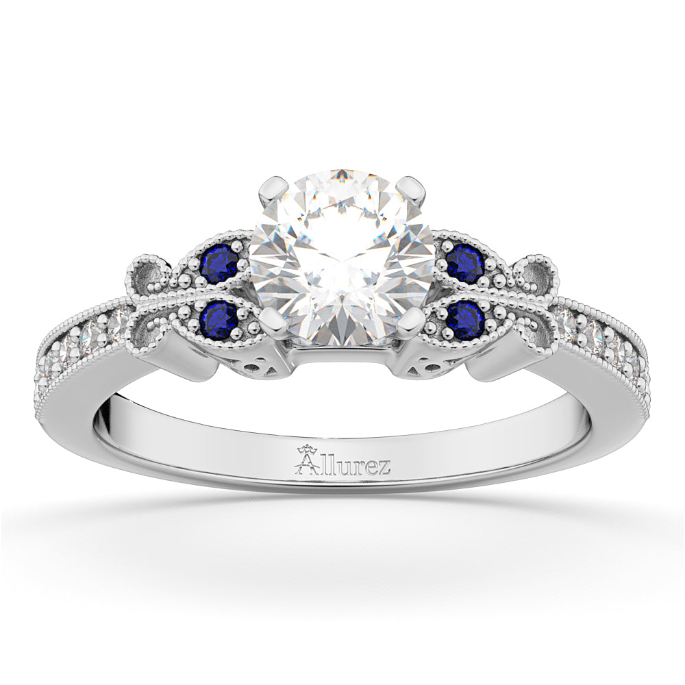 Butterfly Diamond & Sapphire Engagement Ring 14k White Gold (0.20ct)