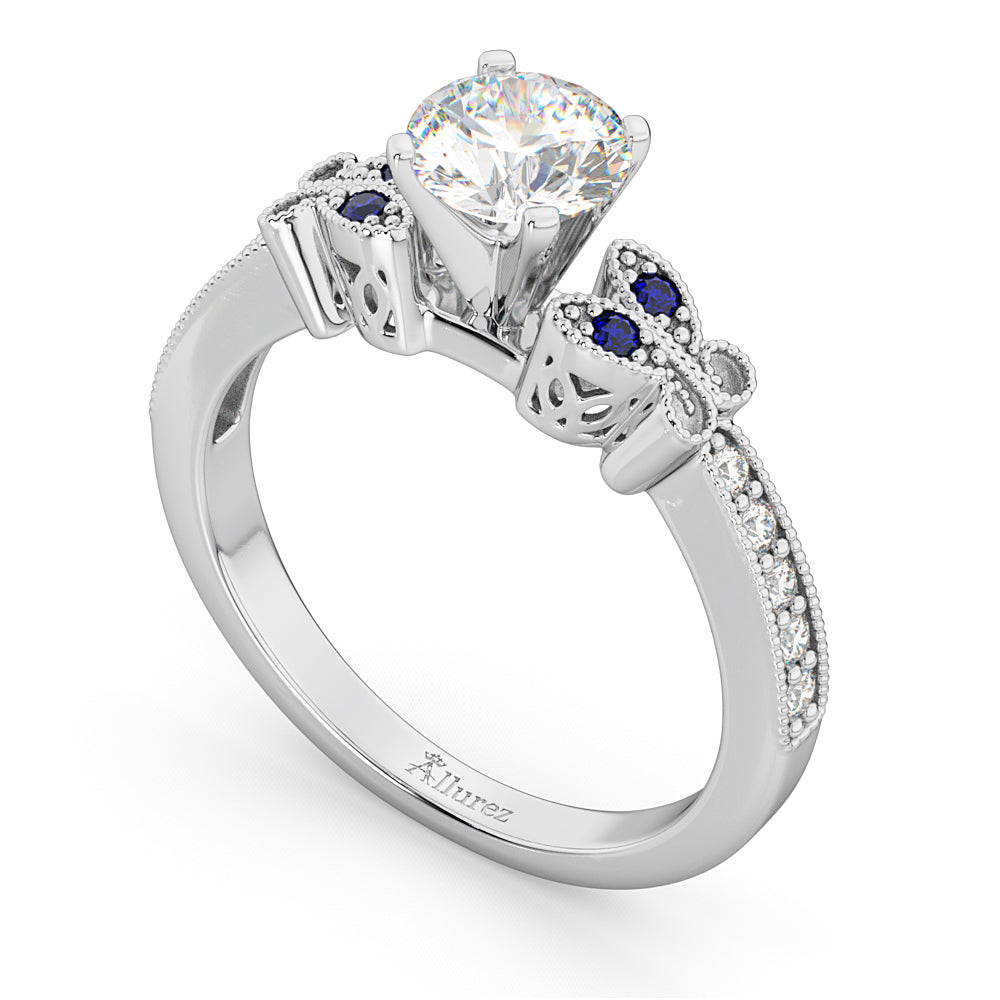 Butterfly Diamond & Sapphire Engagement Ring 14k White Gold (0.20ct)