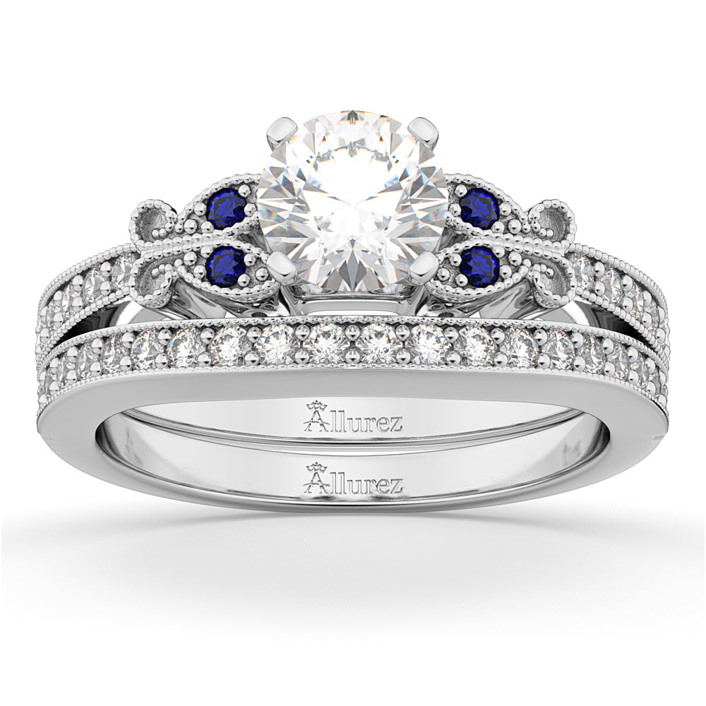 Butterfly Diamond & Blue Sapphire Bridal Set 14k White Gold (0.42ct)
