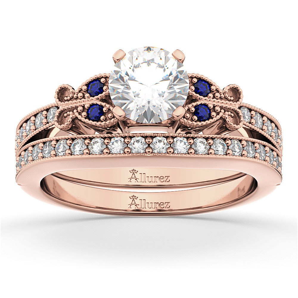 Butterfly Diamond & Blue Sapphire Bridal Set 18k Rose Gold (0.42ct)