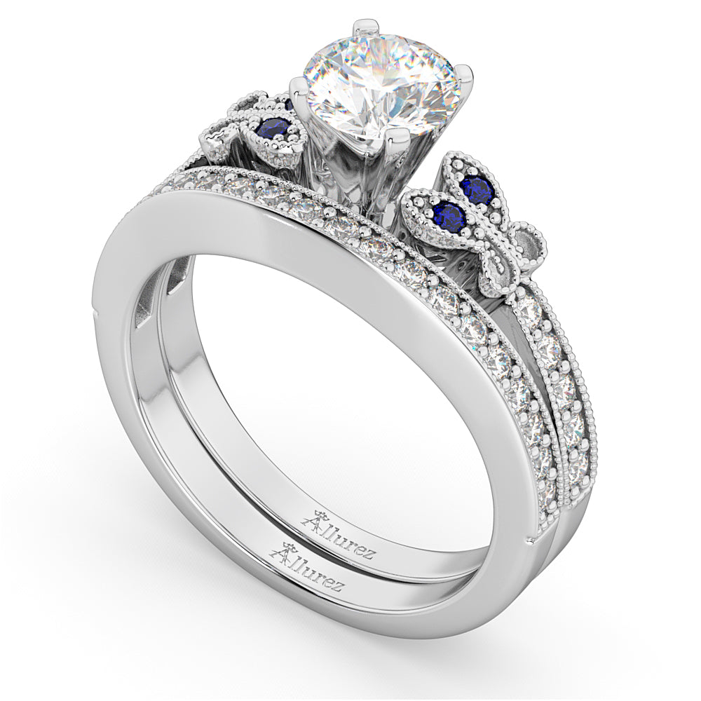 Butterfly Diamond & Blue Sapphire Bridal Set 18k White Gold (0.42ct)