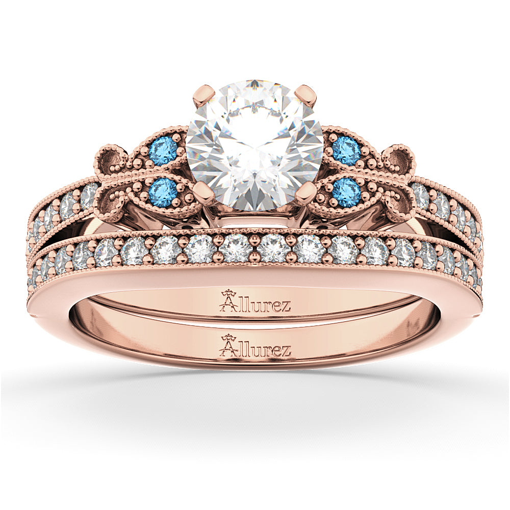 Butterfly Diamond &  Blue Topaz Bridal Set 14k Rose Gold (0.42ct)