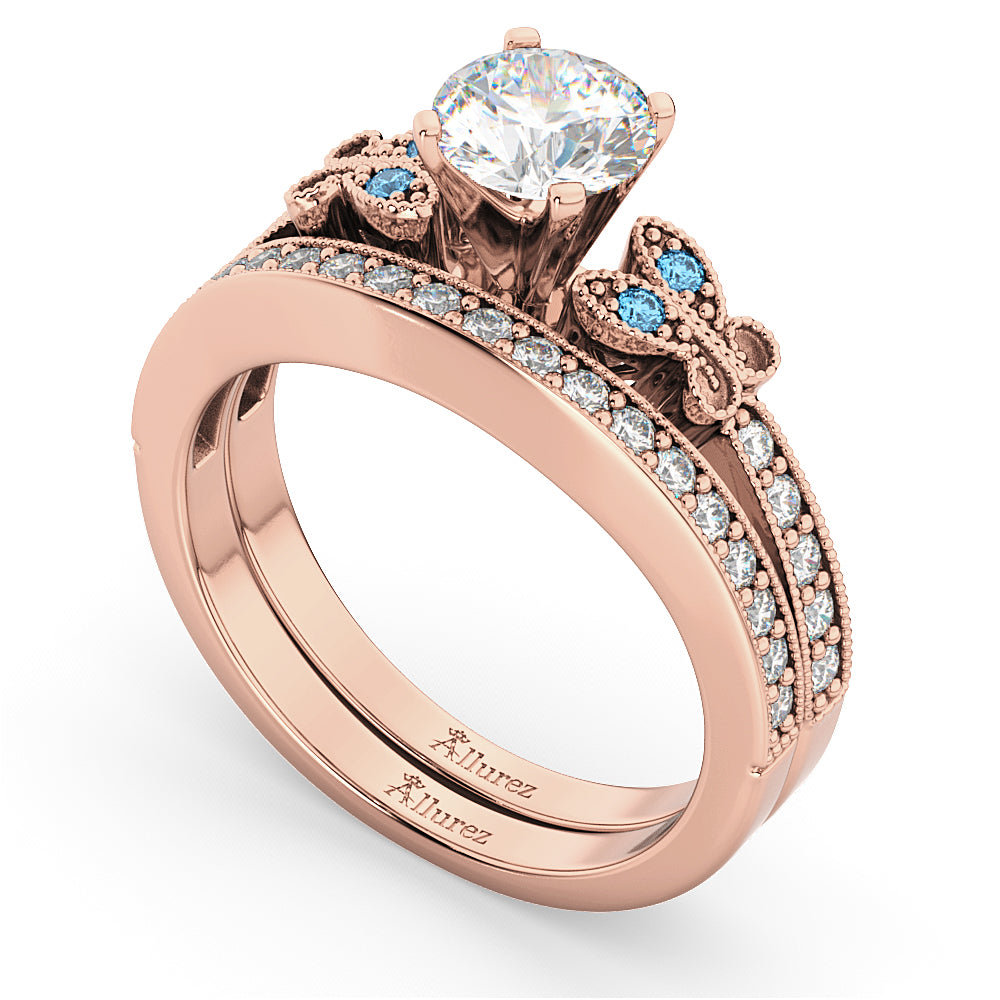 Butterfly Diamond &  Blue Topaz Bridal Set 14k Rose Gold (0.42ct)