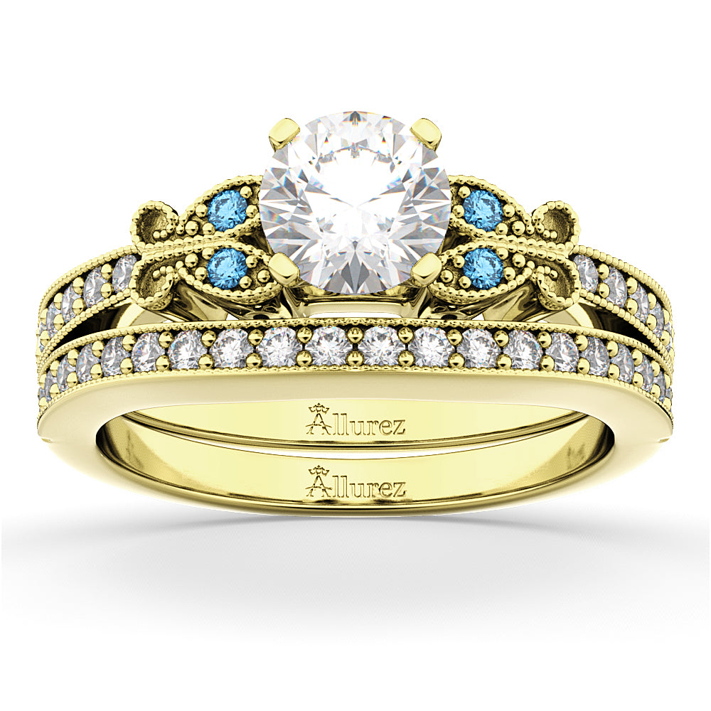 Butterfly Diamond & Blue Topaz Bridal Set 14k Yellow Gold (0.42ct)