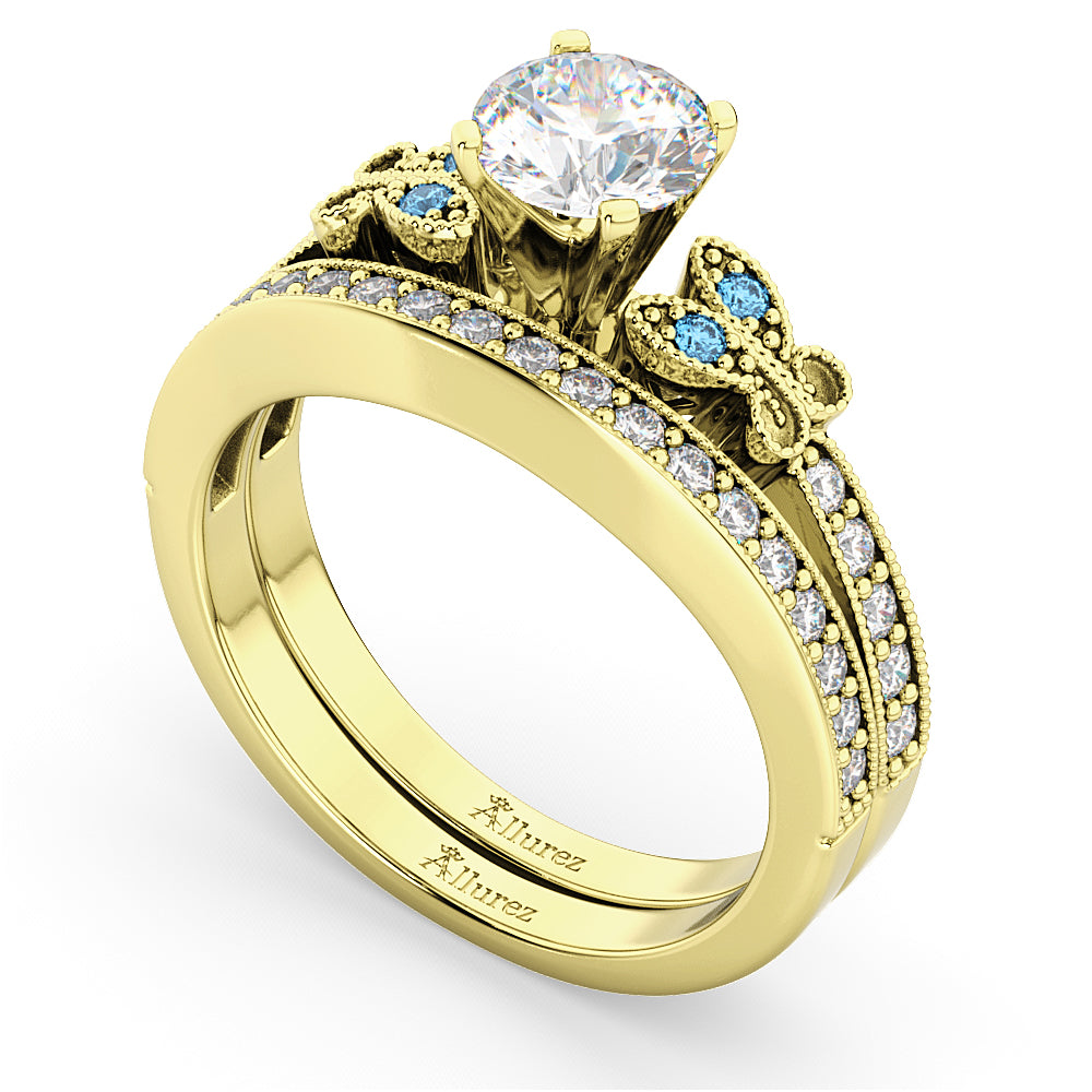 Butterfly Diamond & Blue Topaz Bridal Set 14k Yellow Gold (0.42ct)