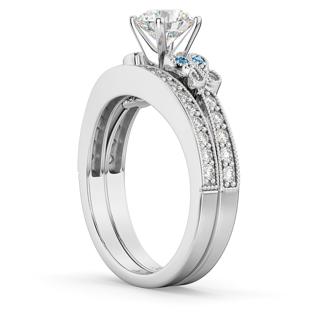 Butterfly Diamond &  Blue Topaz Bridal Set 18k White Gold (0.42ct)
