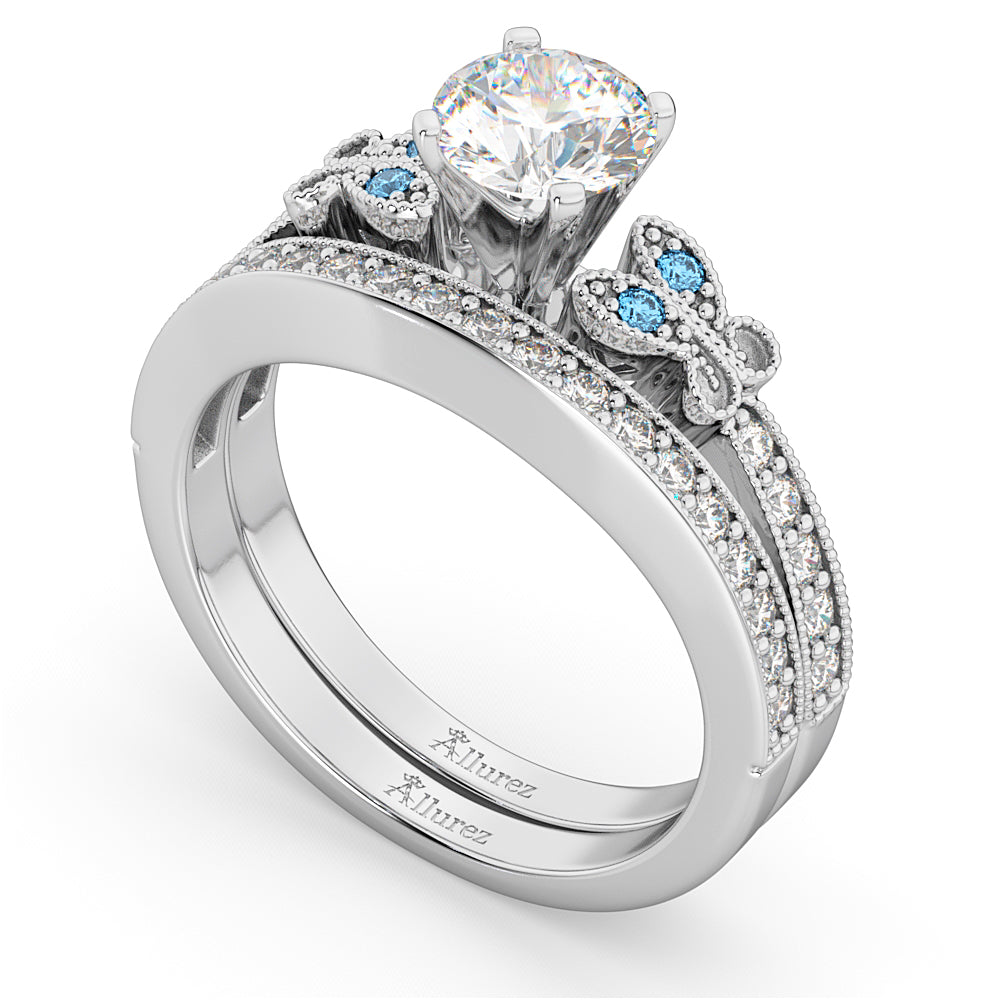 Butterfly Diamond &  Blue Topaz Bridal Set 18k White Gold (0.42ct)