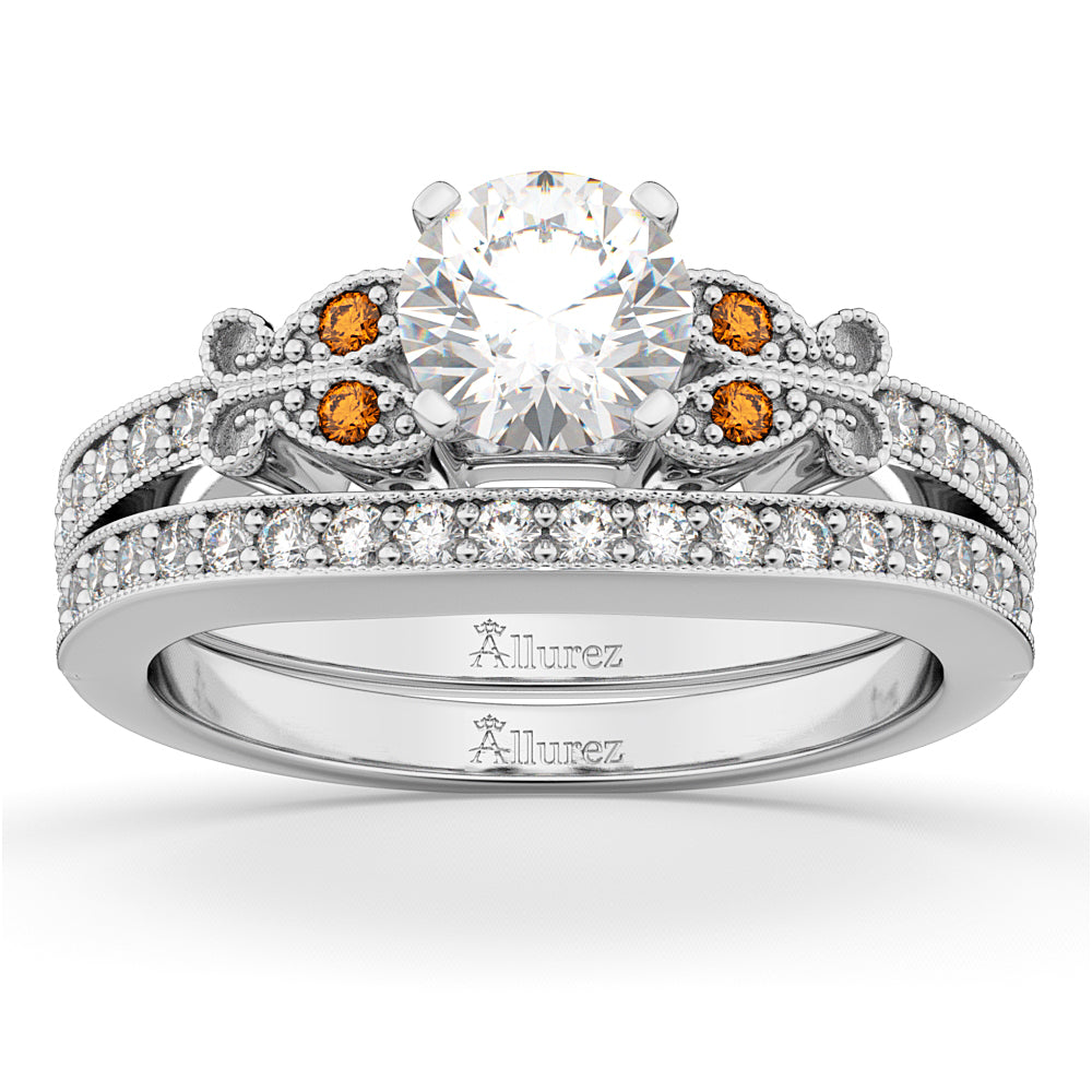 Butterfly Diamond & Citrine Bridal Set 14k White Gold (0.42ct)