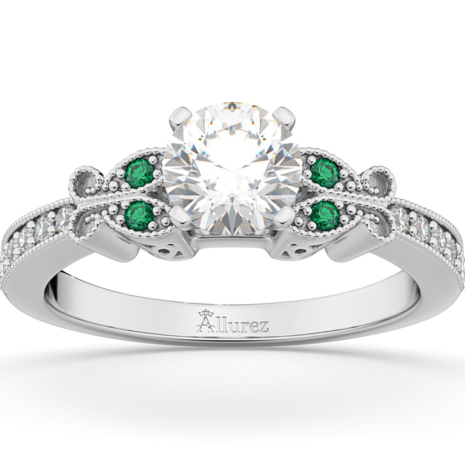 Butterfly Diamond & Emerald Engagement Ring 18k White Gold (0.20ct)
