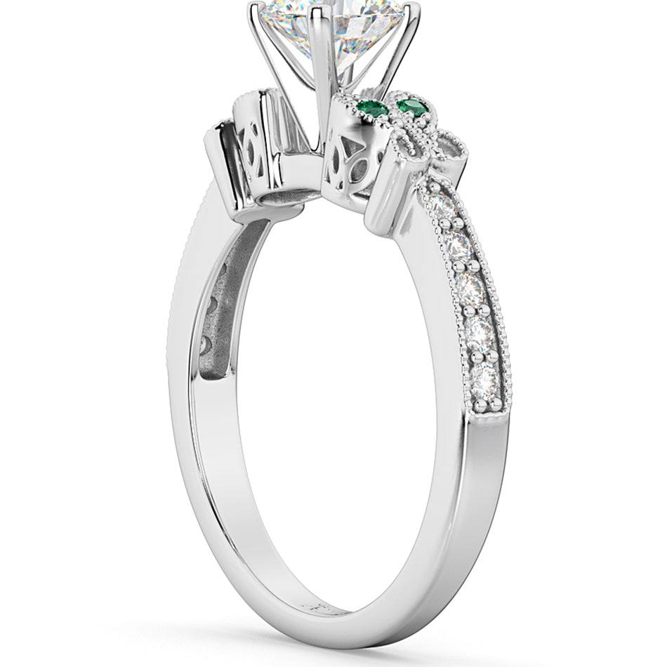 Butterfly Diamond & Emerald Engagement Ring 18k White Gold (0.20ct)