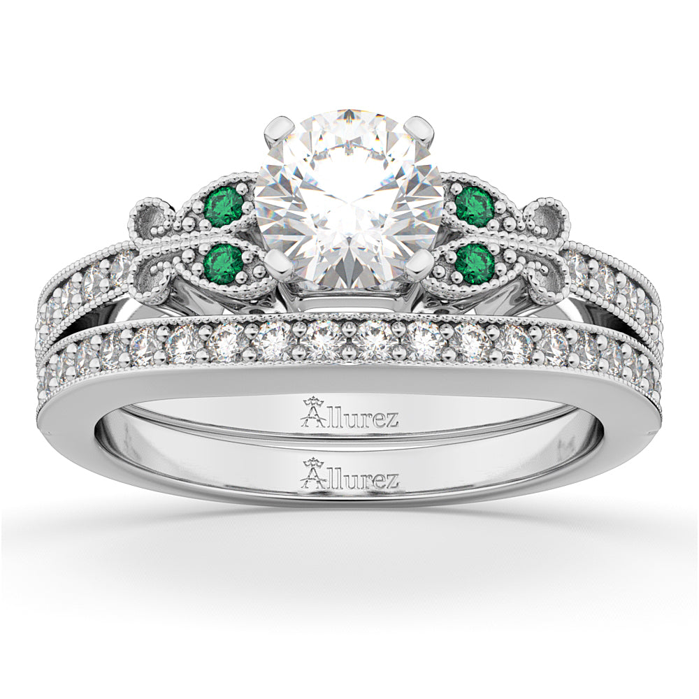 Butterfly Diamond & Emerald Bridal Set 14k White Gold (0.42ct)