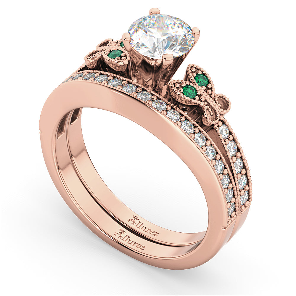 Butterfly Diamond & Emerald Bridal Set 18k Rose Gold (0.42ct)