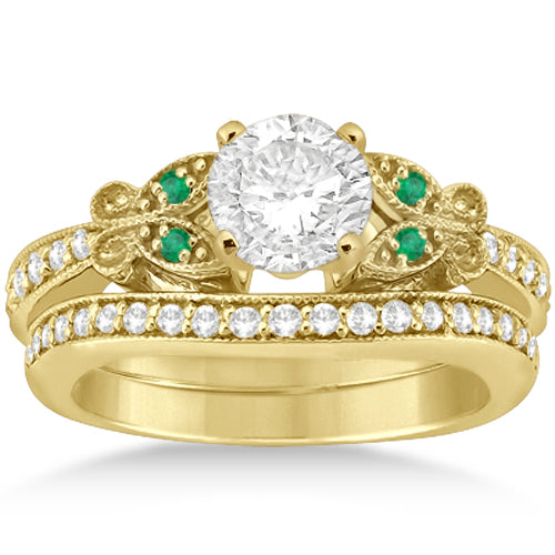 Butterfly Diamond & Emerald Bridal Set 18k Yellow Gold (0.42ct)