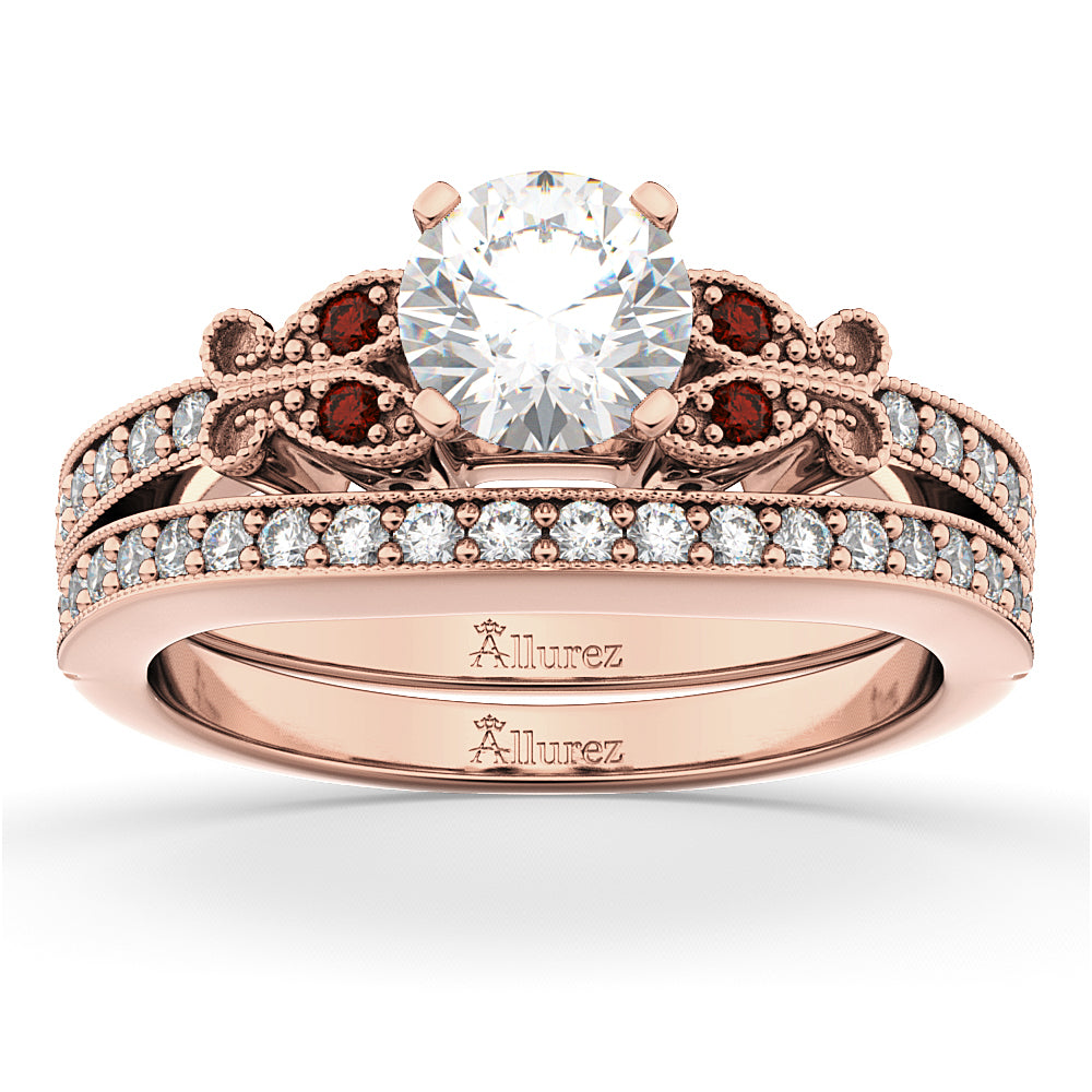 Butterfly Diamond & Garnet Bridal Set 14k Rose Gold (0.42ct)